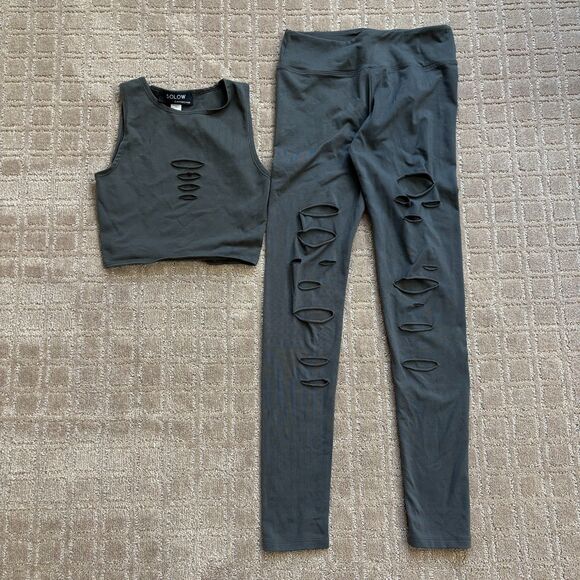 Solow Deconstructed Activewear Set Crop Top (XS) Leggings (S) Gray Green Ripped - Picture 3 of 10
